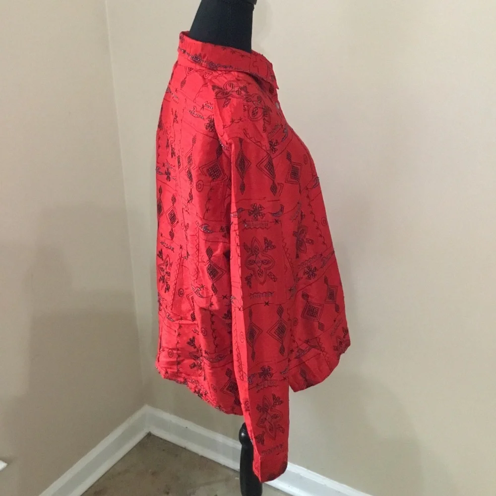 Blue Bayou Women’s Vintage 100% Silk Beaded Red Jacket Shirt Size XL - Picture 3 of 9